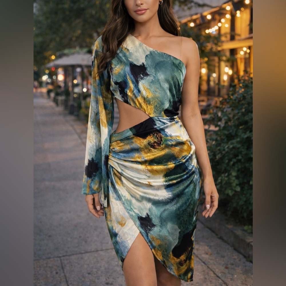 Fashion Nova One-Shoulder Abstract Green & Gold Cutout Midi Dress